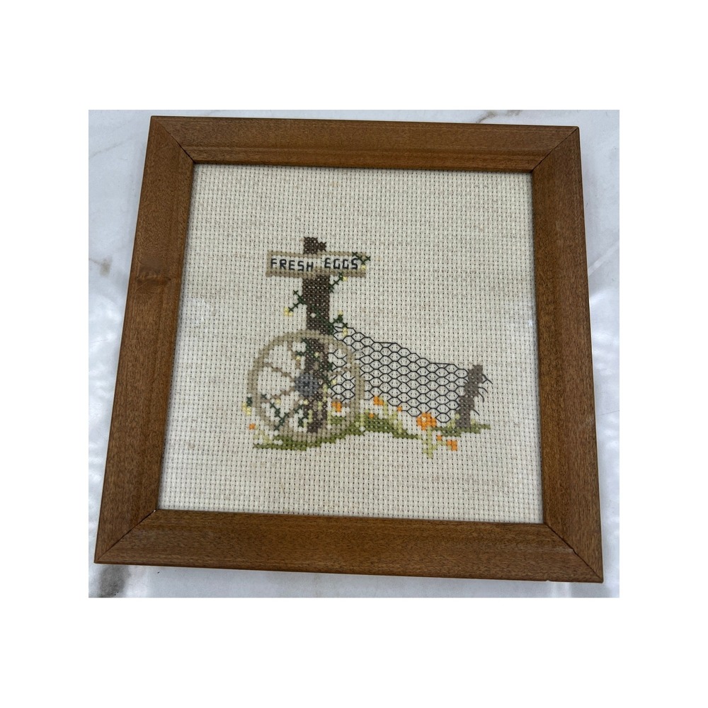 Vintage Handmade Cross Stitch Fresh Eggs Farmhouse Wall Art Wood Frame 8x8
